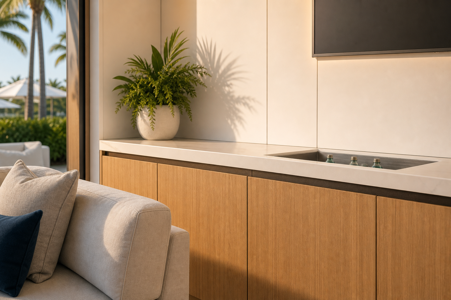 Wood-paneled hospitality bar and lounge seating in an open-air suite