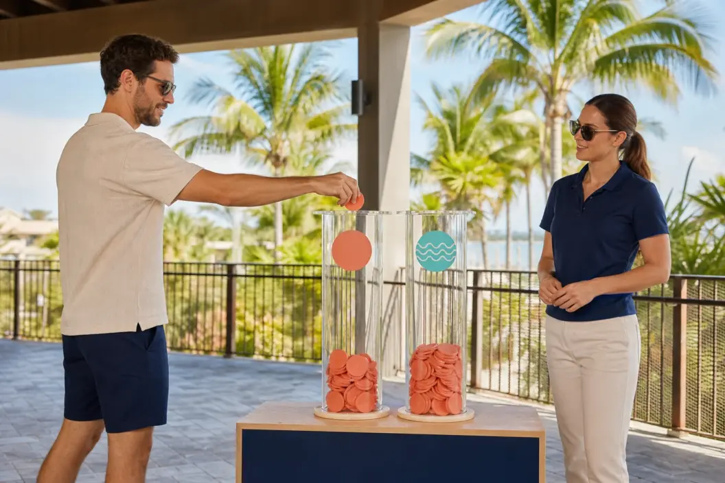 Concept visualization of a guest placing a neutral token into one of two symbol-marked voting cylinders at a Florida activation