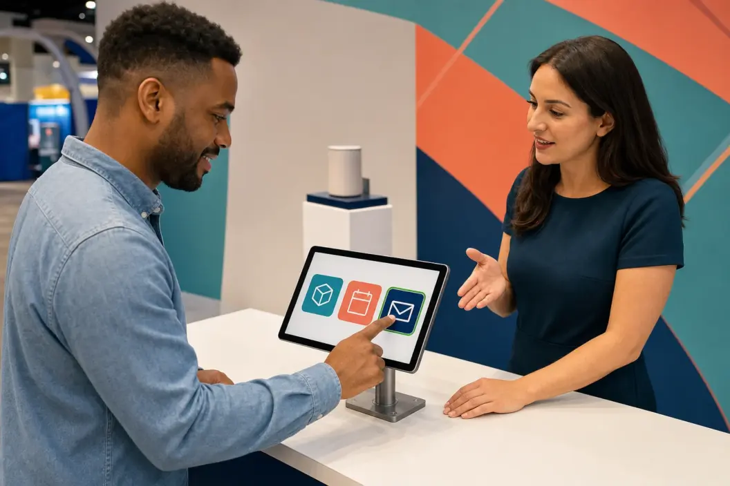 Trade show attendee selects a follow-up preference on a mounted tablet while a booth host assists