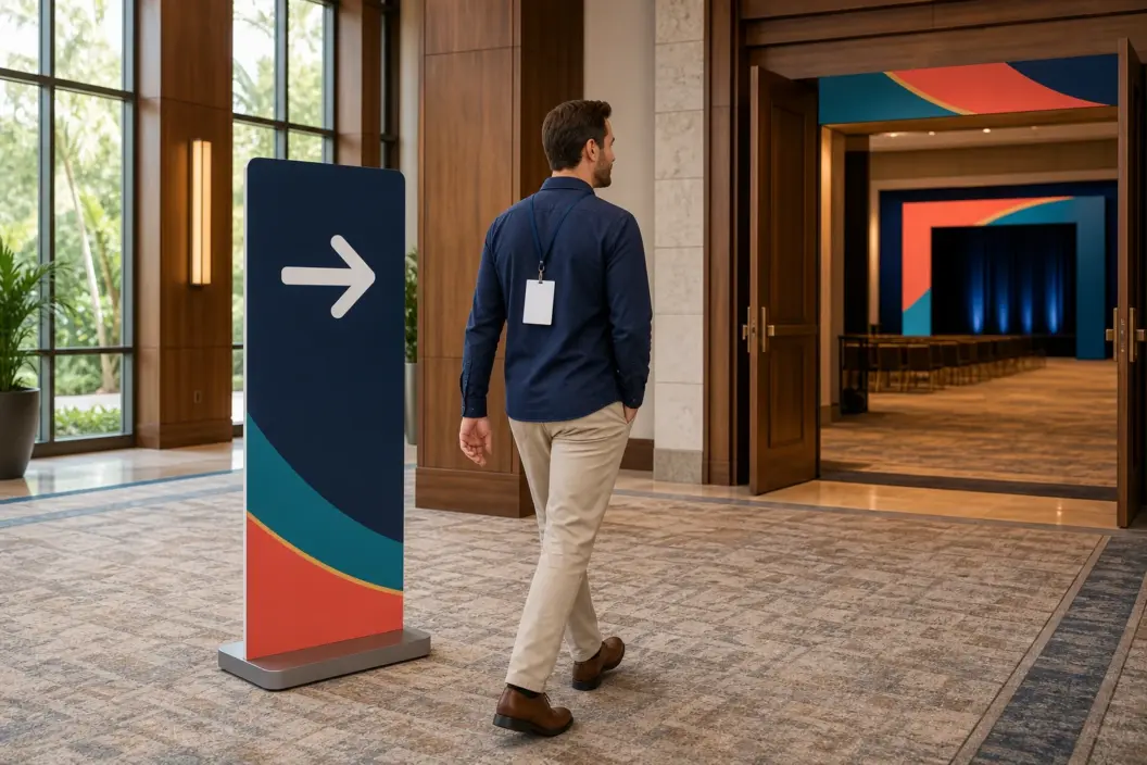 Concept visualization of an attendee following a freestanding directional sign through a branded Florida hotel corridor toward a ballroom