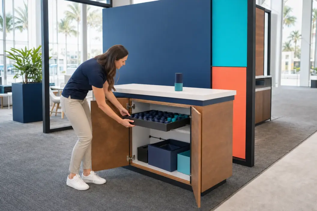 Concept visualization of a booth representative replenishing products inside concealed counter storage before a Florida trade show