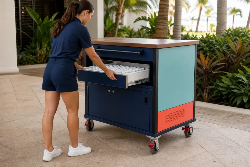 Concept visualization of a brand ambassador sliding a stocked insulated drawer into a mobile event cart on a dry Florida walkway