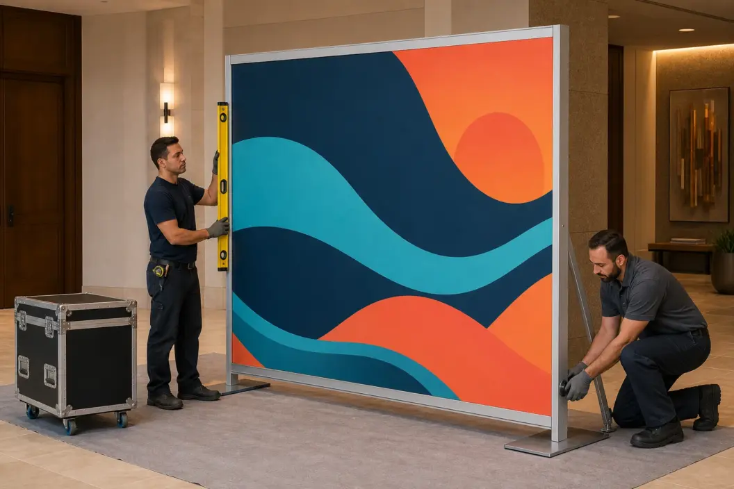 Concept visualization of two installers leveling and bracing a modular branded wall in a dry Florida resort venue