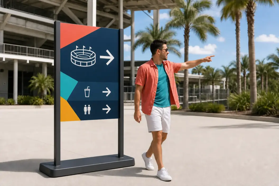Fan follows an anchored icon-only directional sign outside a Florida stadium