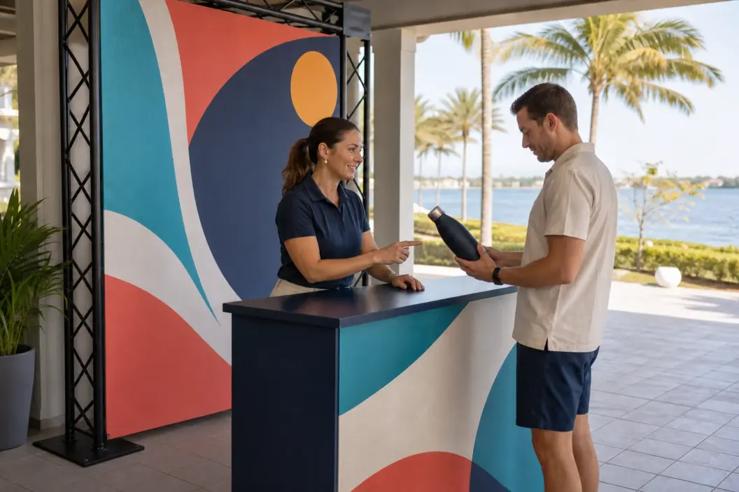 Event host guides a guest examining an unbranded bottle at a colorful waterfront brand touchpoint in Florida