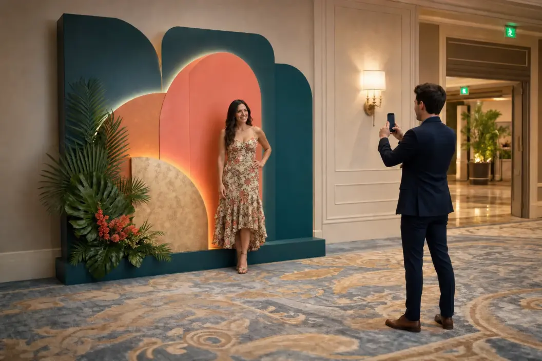 Guest poses for a phone photo in front of a layered teal, coral, gold, and tropical floral event decor installation.