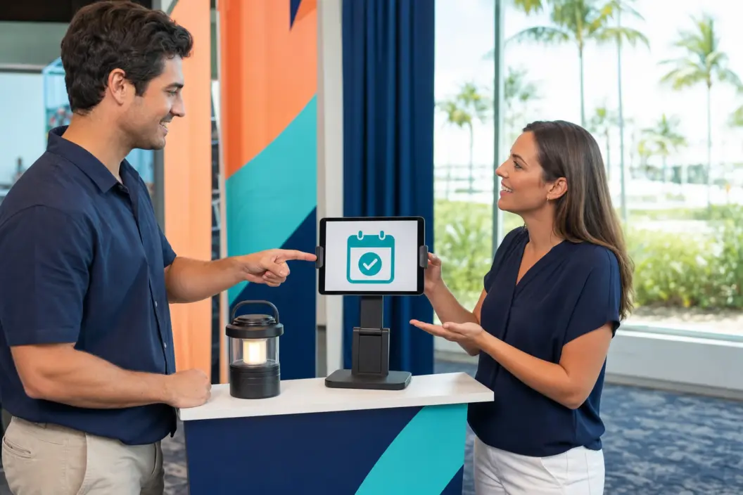 Concept visualization of an attendee confirming a follow-up after an unbranded product demonstration at a Florida event