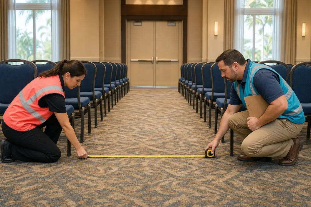 Two event-safety professionals measuring a clear aisle between chair rows before a Florida ballroom opens