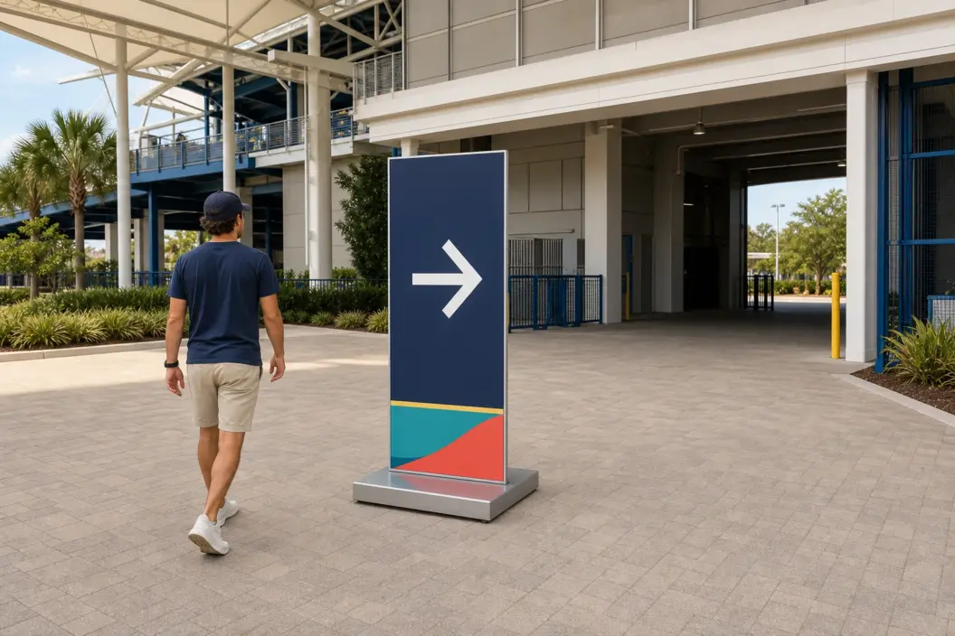 Concept visualization of an attendee following a weighted directional sign toward a Florida stadium entrance