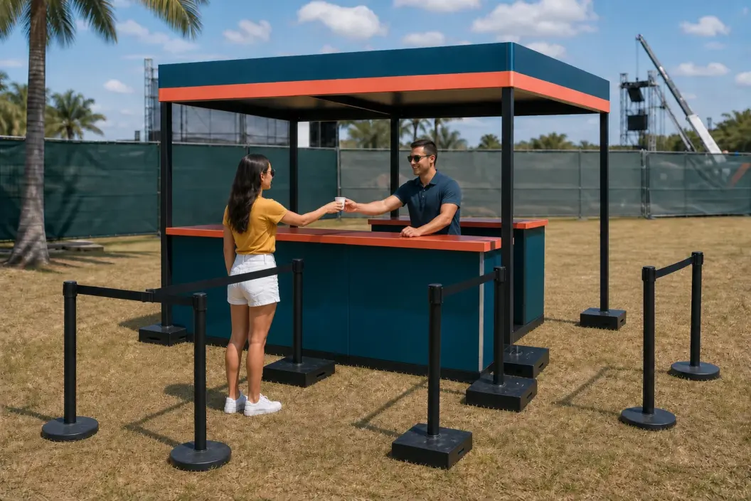 Concept visualization of a festival attendant handing one plain sample cup to a guest inside a stanchioned Florida kiosk flow