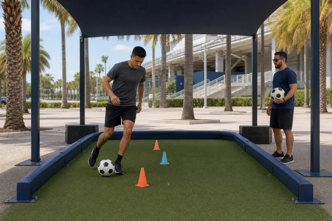 Concept visualization of a guest dribbling a soccer ball through cones in an independent shaded Florida activation lane