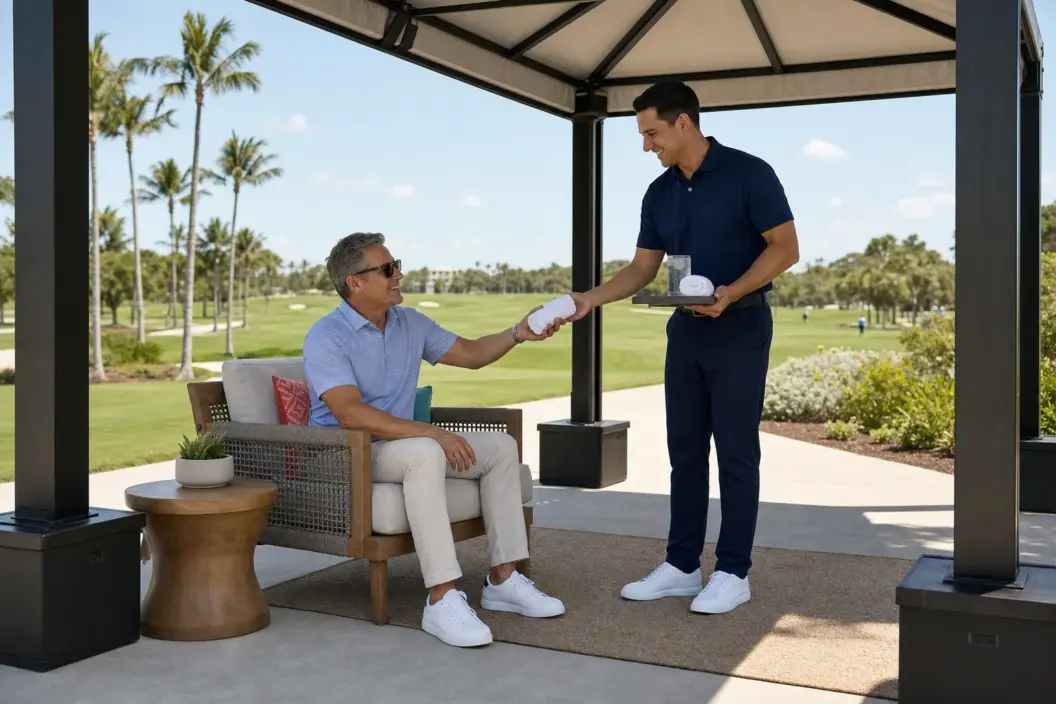 Golf hospitality concierge hands a chilled towel to a seated VIP beneath a ballasted pavilion overlooking a Florida fairway.