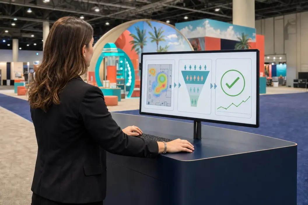 Event manager reviews a heat map, lead funnel, and performance trend on a monitor beside a Florida convention activation.