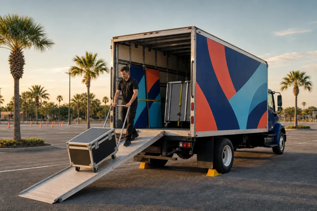 Concept visualization of a tour technician safely controlling a road case down a chocked mobile activation truck ramp in Florida