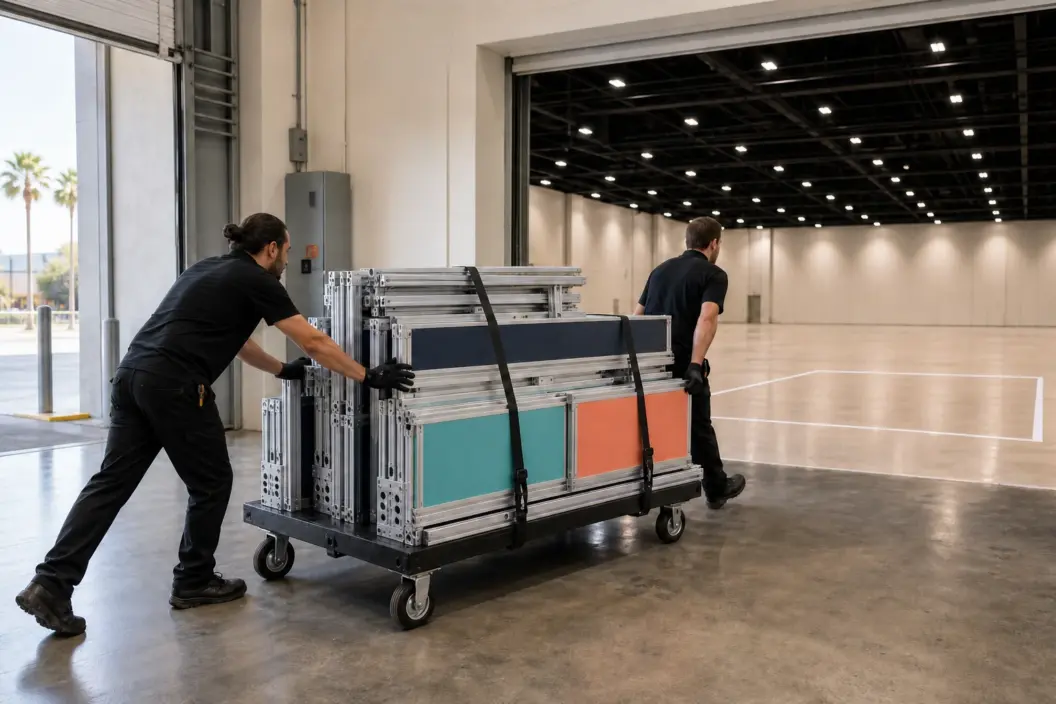 Two event technicians wheel strapped modular booth frames toward a marked convention-floor footprint in Florida.