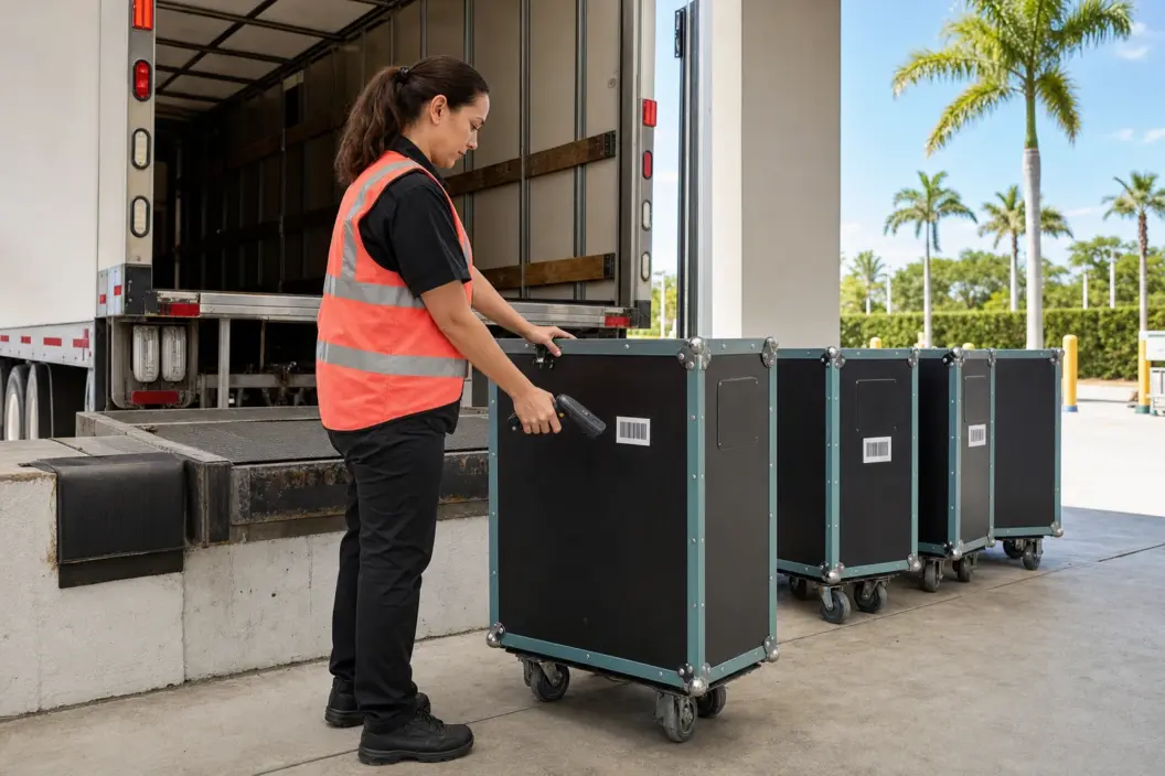Event logistics coordinator scans a wheeled flight case beside a backed truck at a dry Florida loading dock