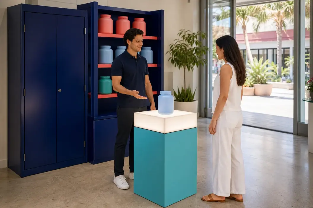 Concept visualization of a pop-up staff member guiding a shopper at an illuminated product plinth beside modular shelves and concealed storage