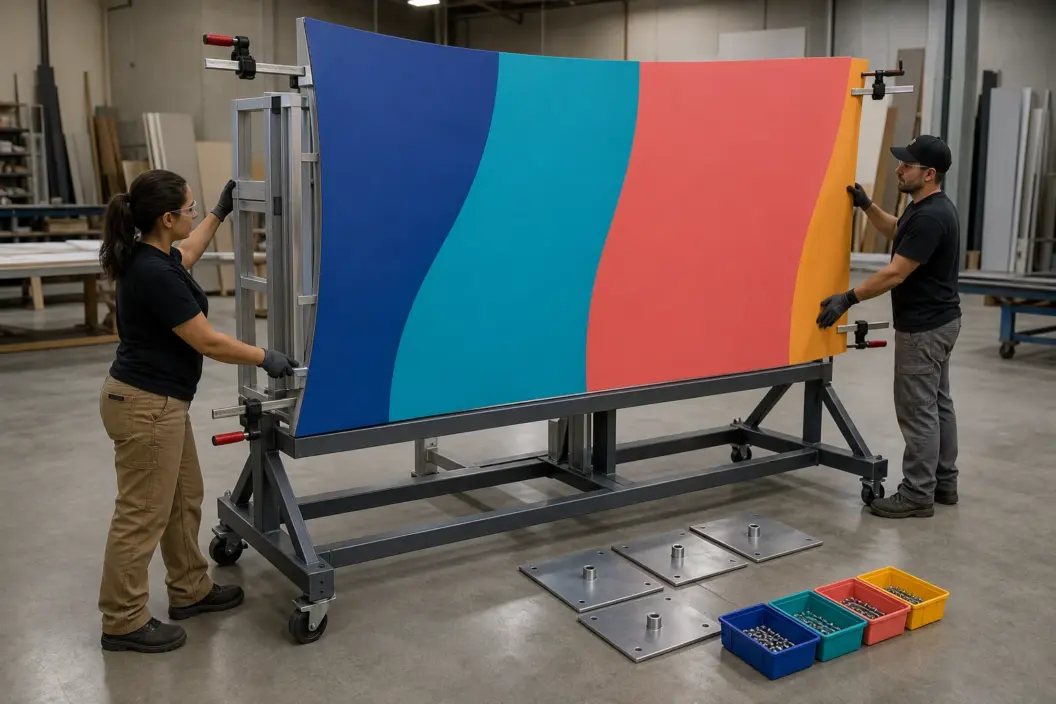 Concept visualization of two scenic fabricators aligning a curved color panel on a supported rolling assembly jig