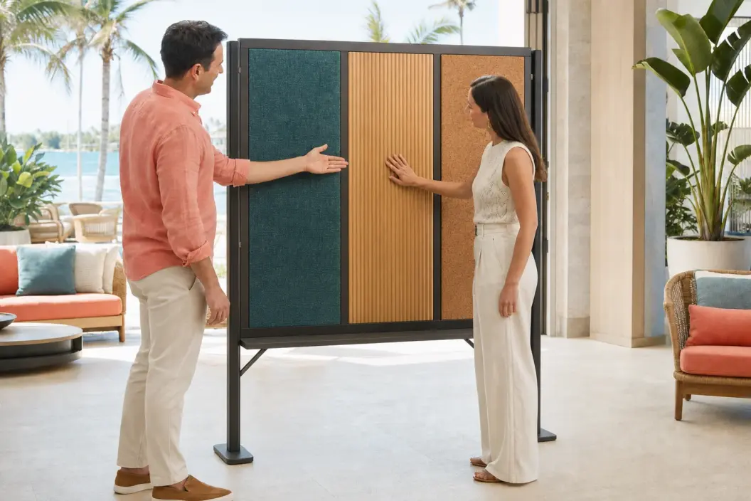 Host guides a guest touching ribbed wood beside woven textile and cork samples