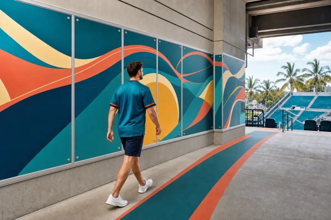 Fan follows mounted colorful environmental graphics toward seating in a Florida stadium concourse