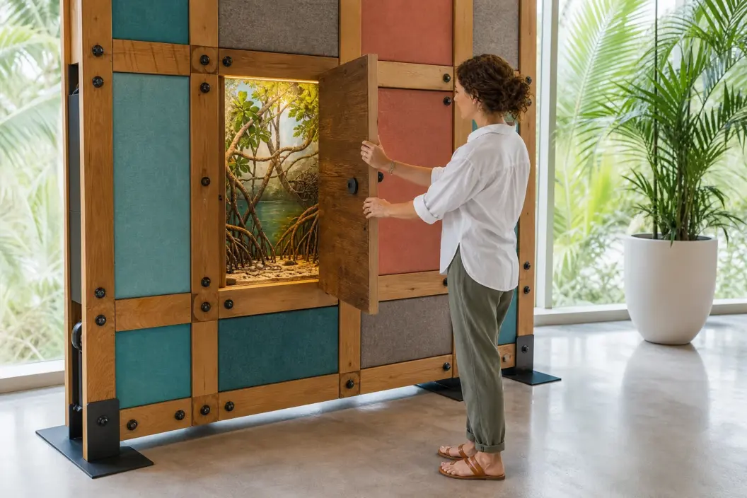 Concept visualization of a visitor opening a reusable wood storytelling panel to reveal a mangrove scene in Florida