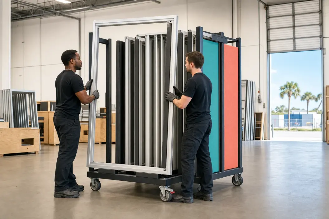Two fabrication technicians loading a reusable aluminum event frame into a padded return trolley in a Florida warehouse