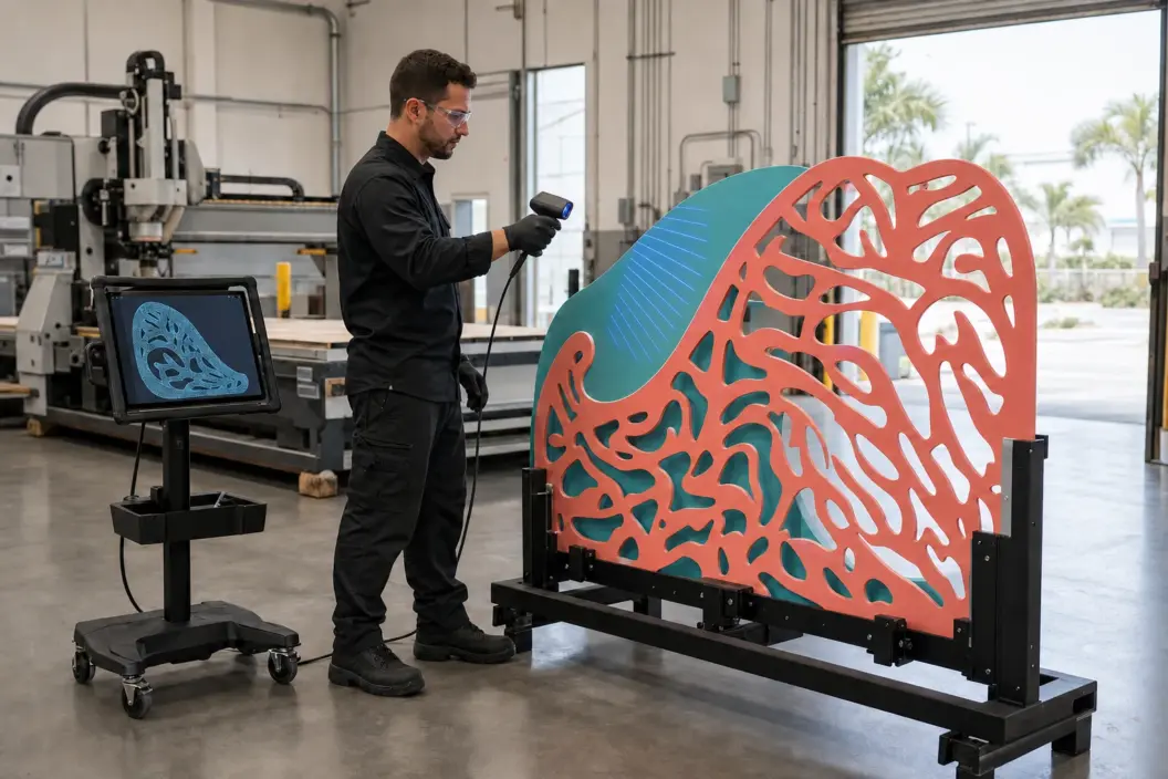 Fabrication technician uses a 3D scanner to compare a custom scenic panel with a digital mesh in a Florida event fabrication shop.