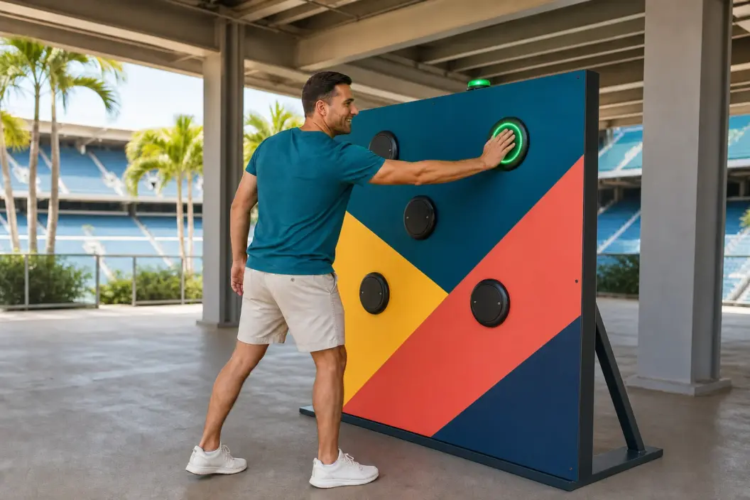 Fan presses a glowing tactile reaction pad on a supported stadium activation wall