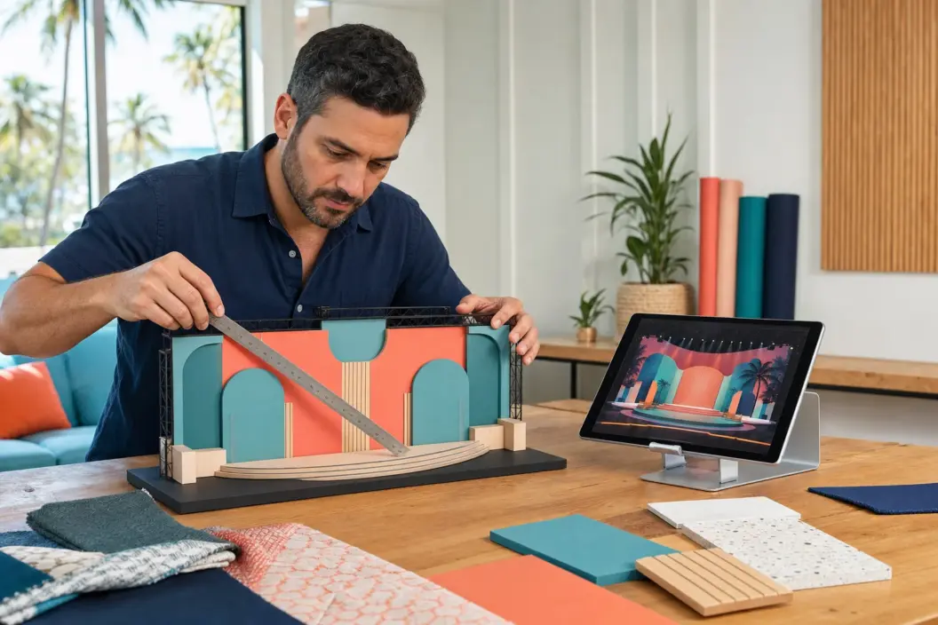Concept visualization of an event designer measuring a scale model while comparing it with a tablet rendering in a Florida studio