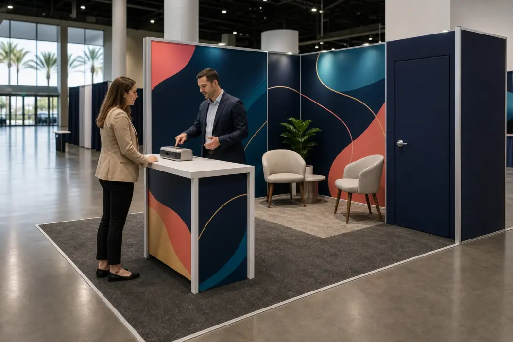 Exhibitor demonstrates a product at a 10-by-20 trade show booth with lounge seating and enclosed storage in a Florida convention hall.