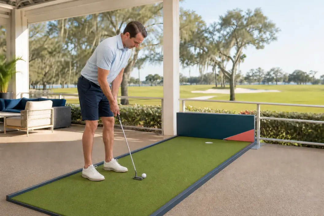 Guest lines up a putt on a compact golf hospitality activation beside a Florida course