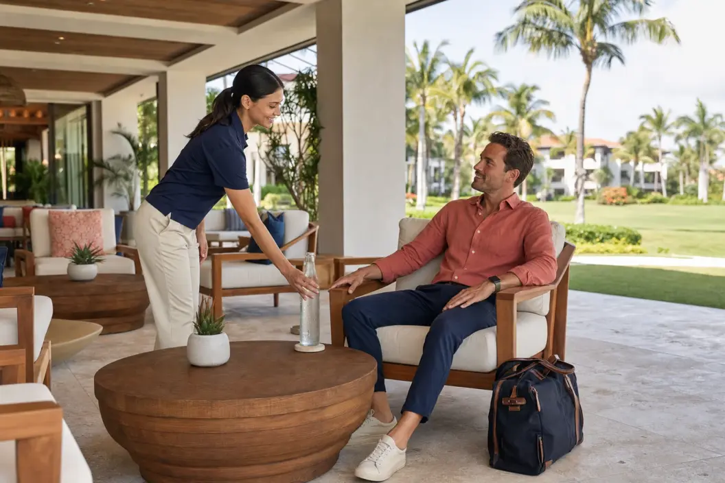 Concept visualization of a VIP host placing water beside a seated guest in a shaded Florida resort lounge