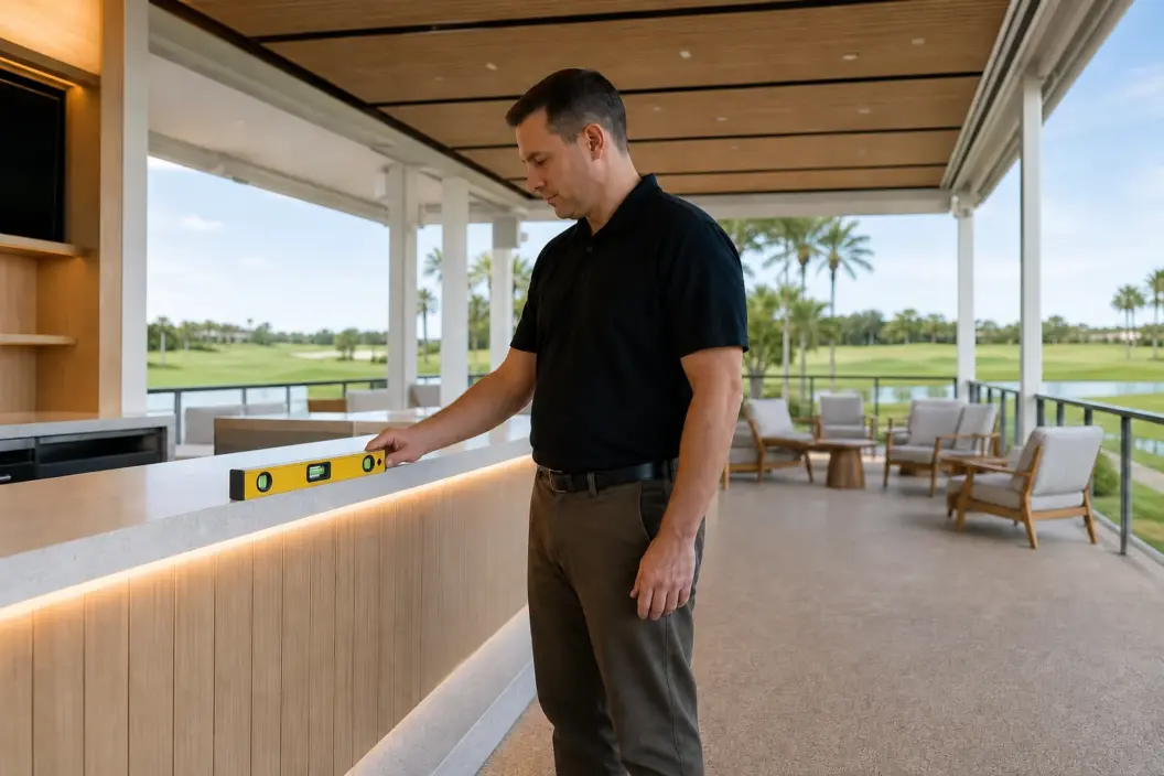 Finish technician checks a stone bar with a spirit level inside an empty VIP golf hospitality suite in Florida