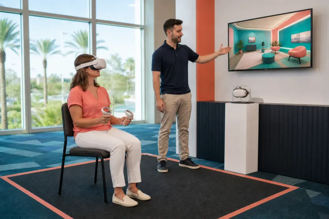 Concept visualization of a seated VR guest guided by an event technician beside a mirrored display in a Florida venue