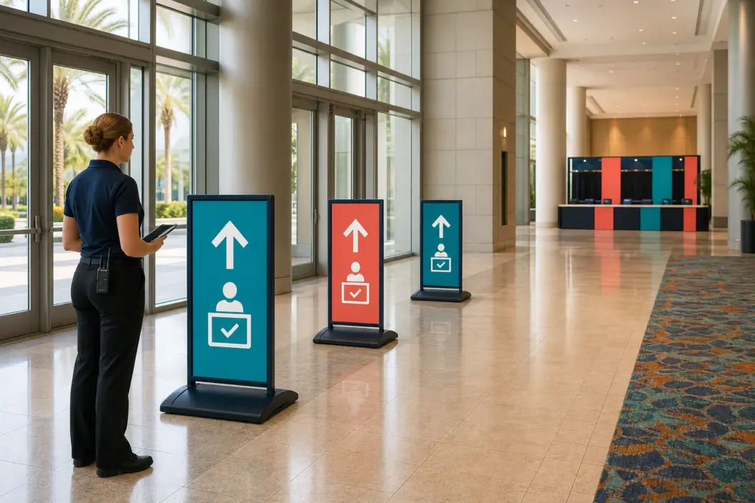 Event coordinator checks three freestanding wayfinding signs that direct guests toward a check-in counter in a Florida venue.