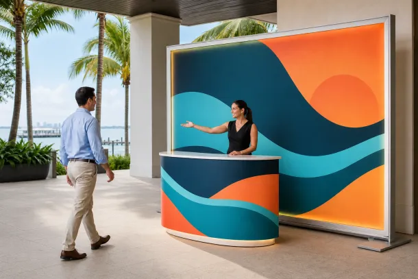 Conceptual illustration of a guest entering a colorful staffed branded environment on a dry Florida waterfront terrace