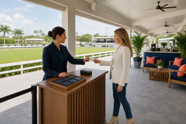 Conceptual illustration of a VIP host handing an arriving guest a credential at a Florida equestrian hospitality entrance