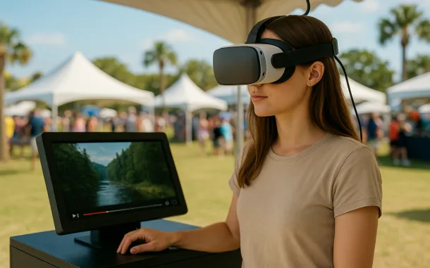 Young woman wearing a VR headset at a Florida outdoor event kiosk under white tents and palm trees