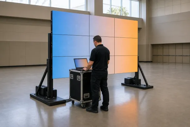 Conceptual illustration of an event technician commissioning a supported LED wall inside a finished Florida venue