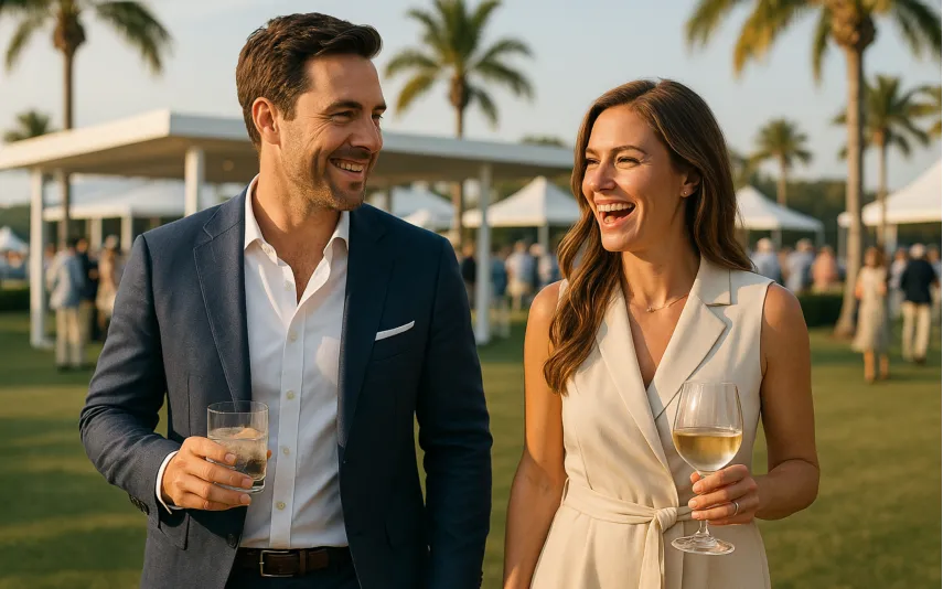Two well-dressed attendees enjoying a premium Florida event lounge at sunset