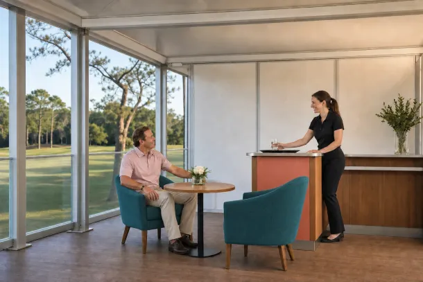 Conceptual illustration of guests receiving attentive service inside a premium open-air golf hospitality suite in Florida