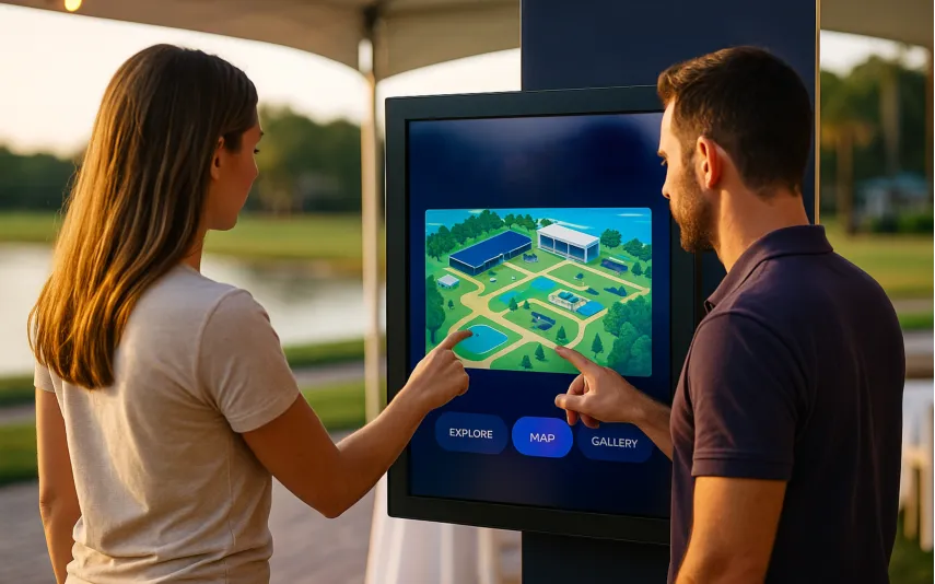 Close-up of hands interacting with branded touchscreen activation during Florida event