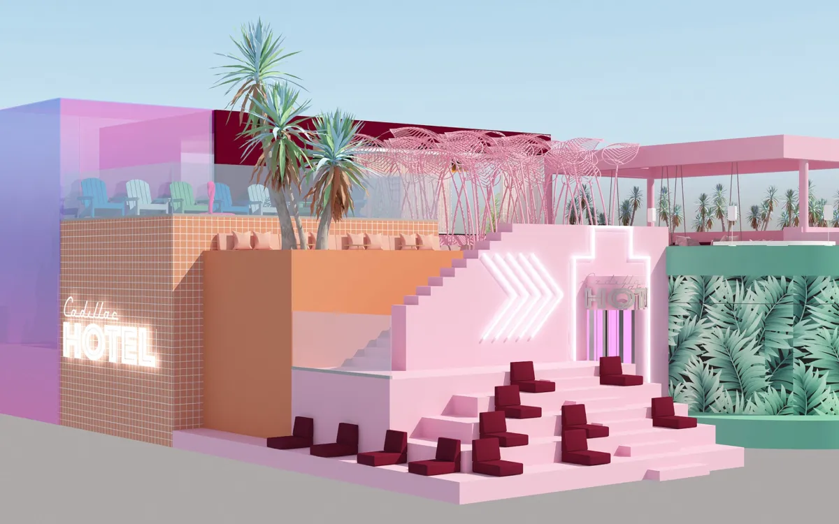 Rendering of the pink multilevel Cadillac Hotel activation