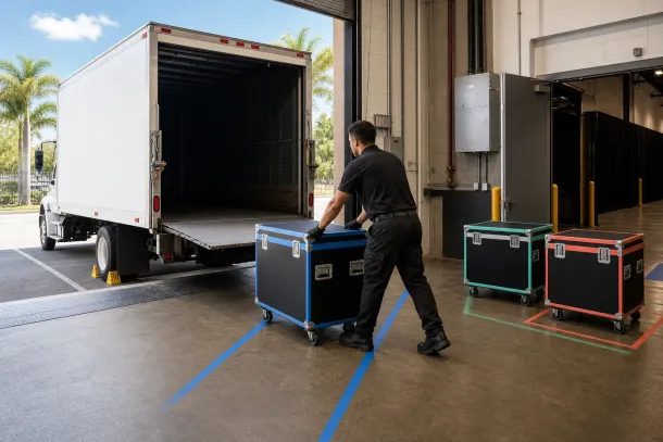 Conceptual illustration of an event technician moving a rolling road case between an open truck and color-coded staging zones