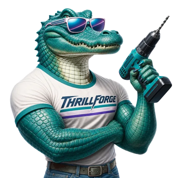 THRILLFORGE alligator mascot wearing sunglasses and holding a power drill
