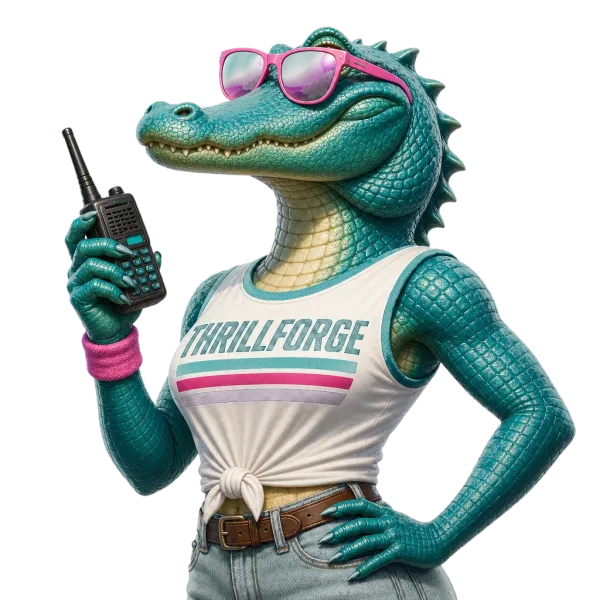 THRILLFORGE alligator mascot wears sunglasses and holds a two-way radio