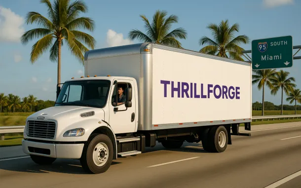 THRILLFORGE 24-foot white event truck on Florida highway transporting modular fabrication gear