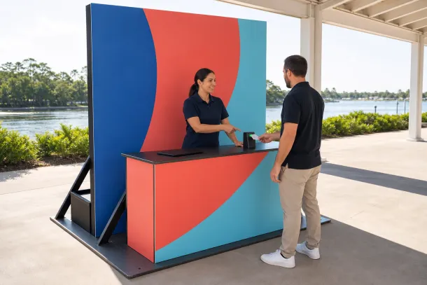 Conceptual illustration of a host guiding a visitor through a badge scan at a supported colorful Florida activation kiosk