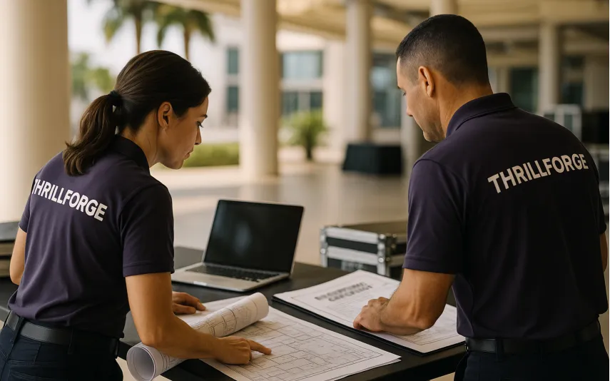 THRILLFORGE planners reviewing Florida event permit documentation at a venue workspace