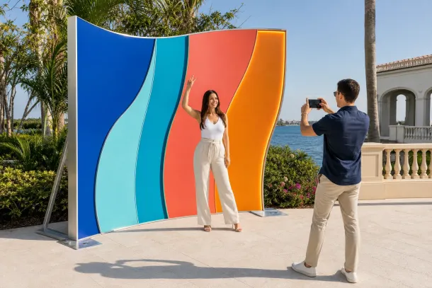 Conceptual illustration of a guest posing for a smartphone photo against a finished illuminated curved scenic wall